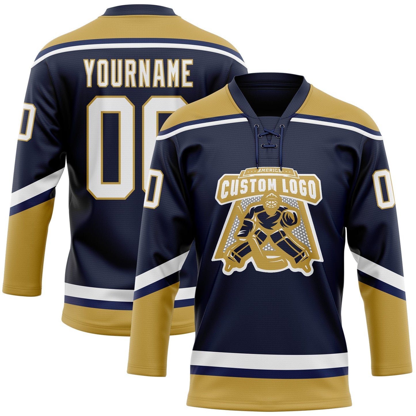 Custom Navy White-Old Gold Hockey Lace Neck Jersey view 2