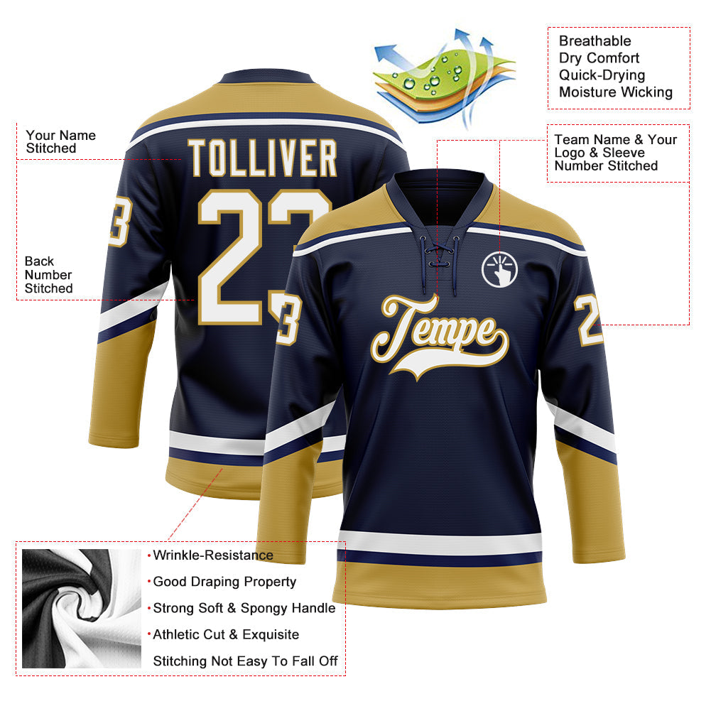 Custom Navy White-Old Gold Hockey Lace Neck Jersey view 3