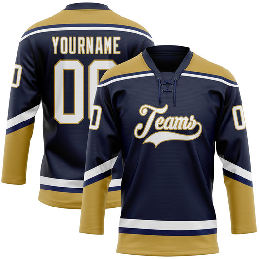 Custom Navy White-Old Gold Hockey Lace Neck Jersey - Main View