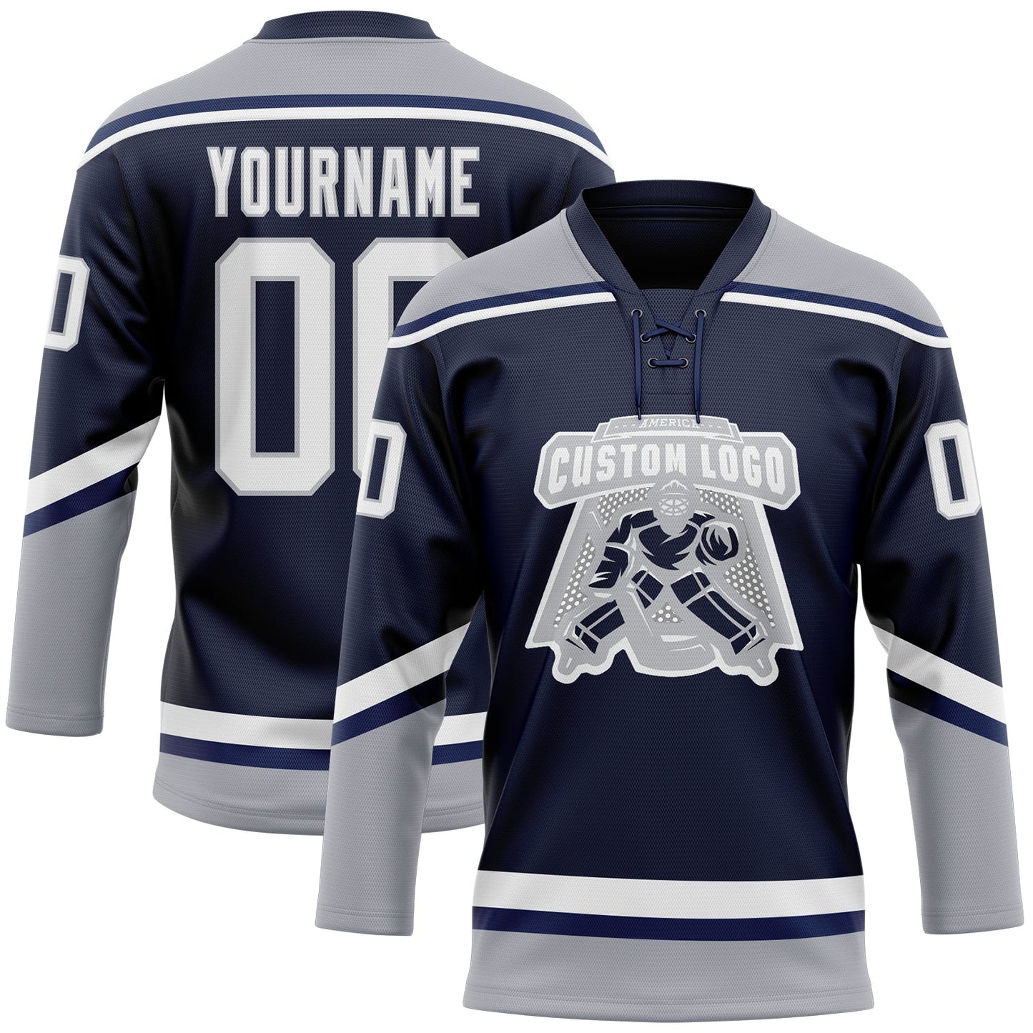 Custom Navy White-Gray Hockey Lace Neck Jersey view 2