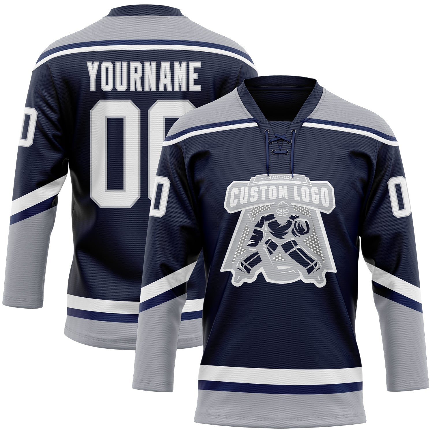 Custom Navy White-Gray Hockey Lace Neck Jersey view 2