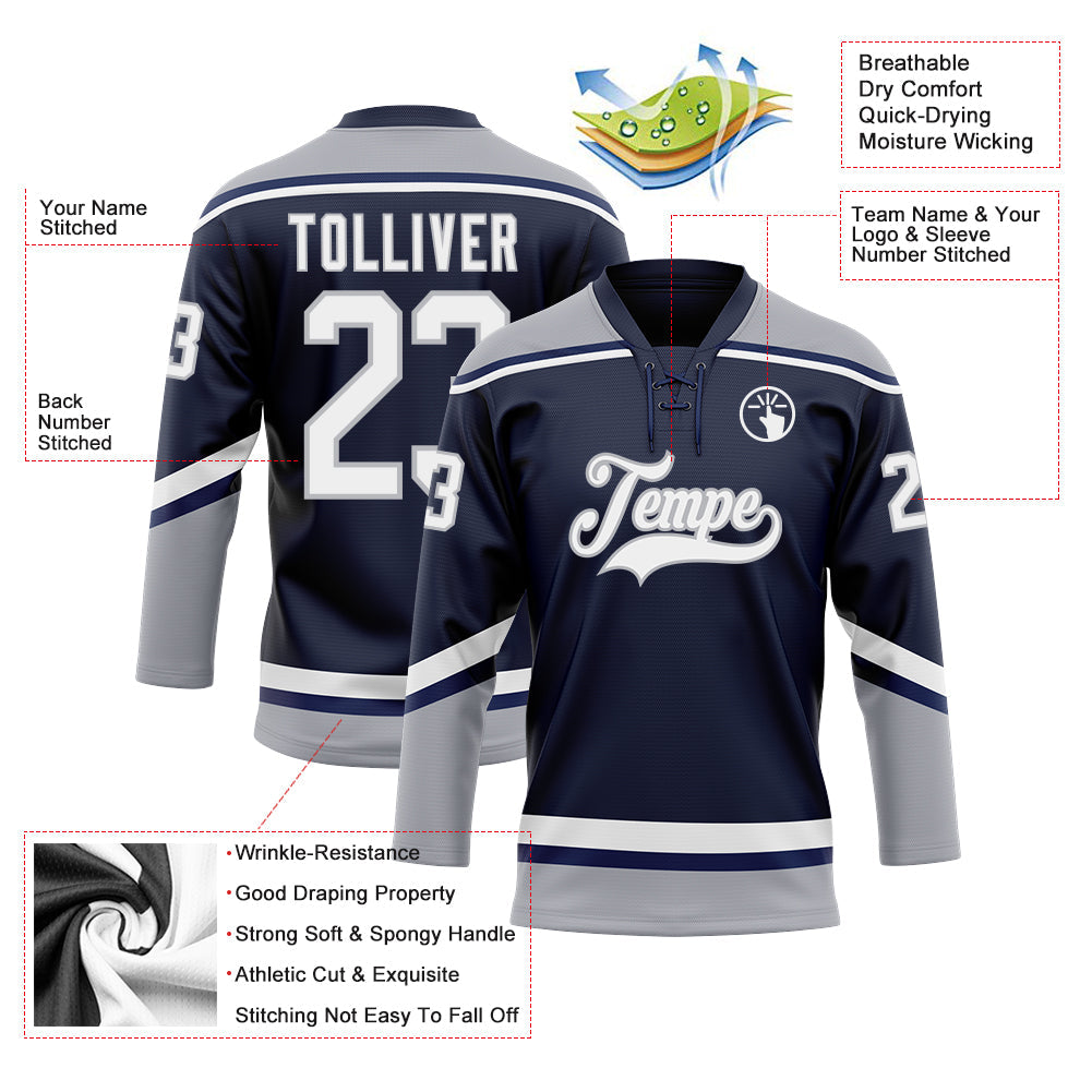 Custom Navy White-Gray Hockey Lace Neck Jersey view 3