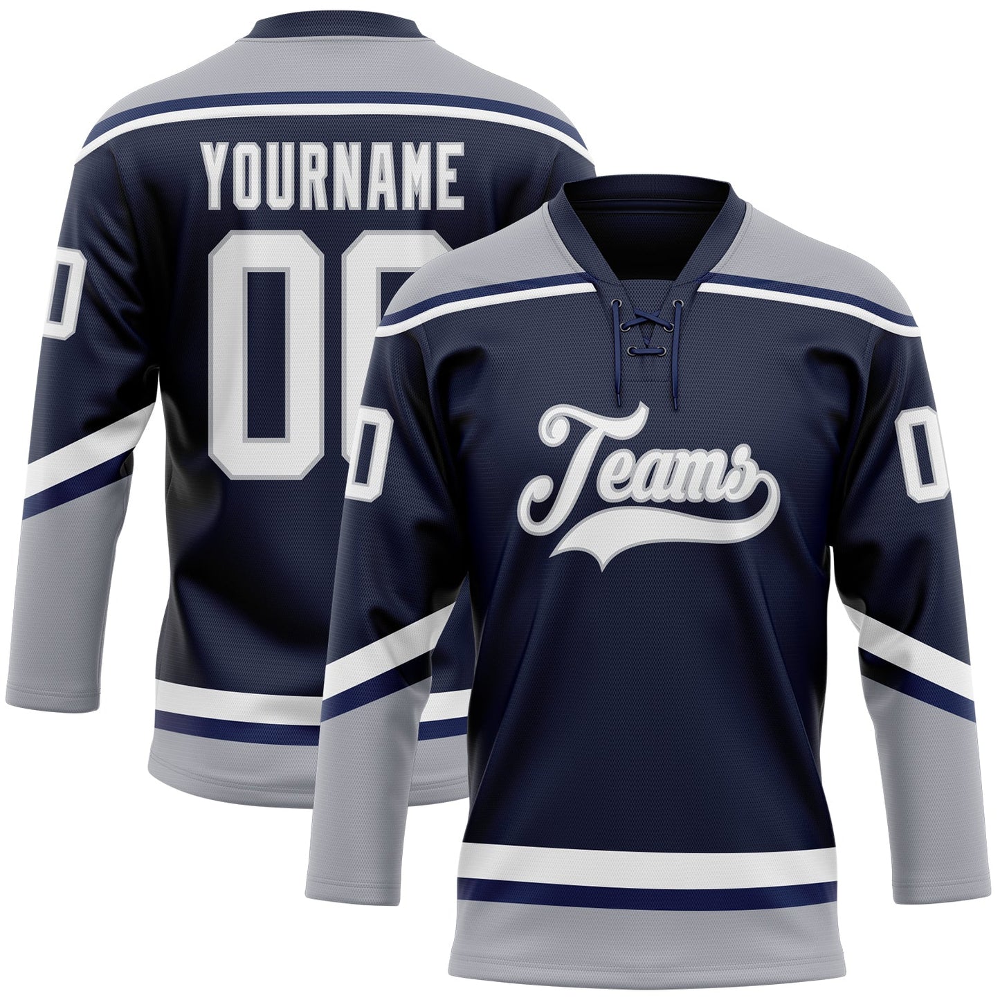 Custom Navy White-Gray Hockey Lace Neck Jersey - Main View