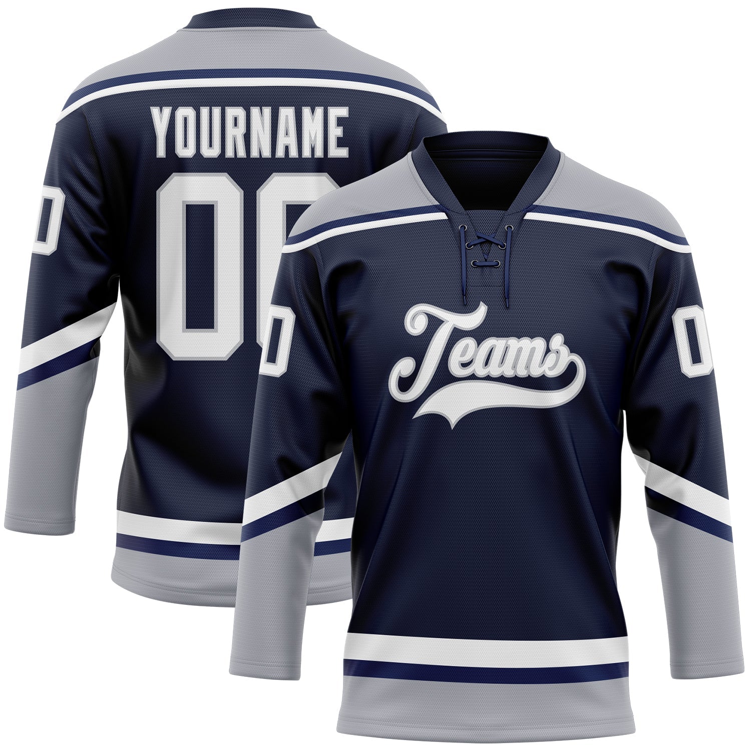 Custom Navy White-Gray Hockey Lace Neck Jersey - Main View