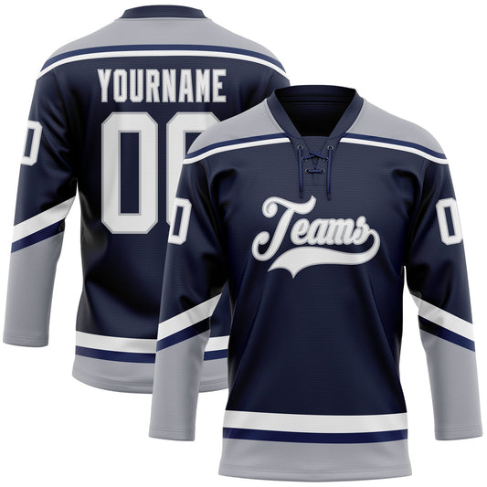 Custom Navy White-Gray Hockey Lace Neck Jersey - Main View