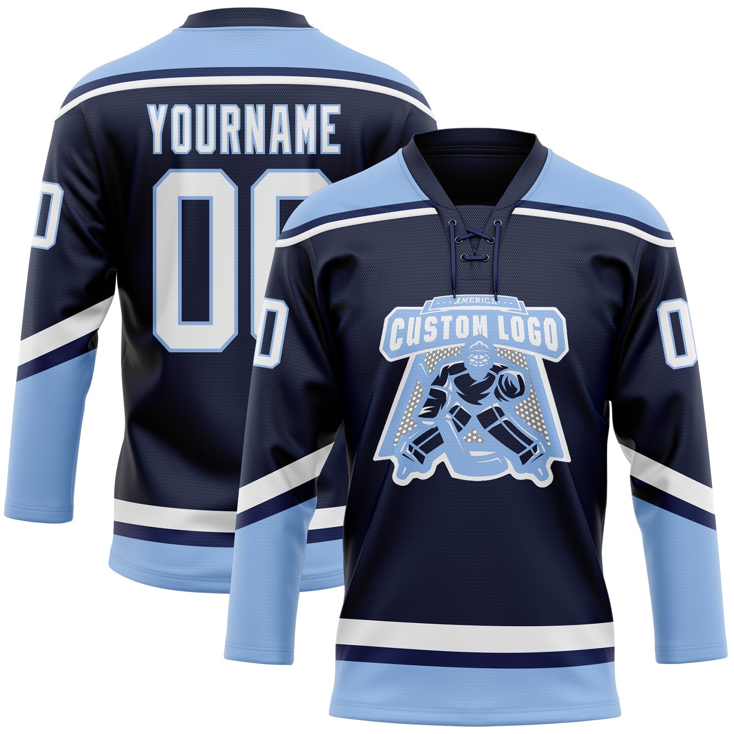 Custom Navy White-Light Blue Hockey Lace Neck Jersey view 2