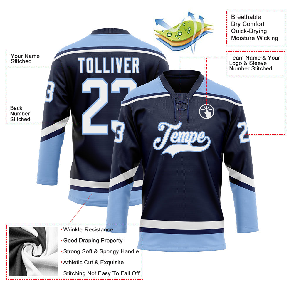 Custom Navy White-Light Blue Hockey Lace Neck Jersey view 3