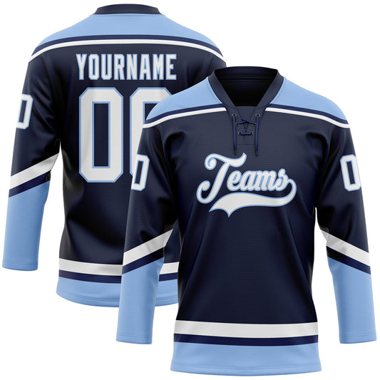 Custom Navy White-Light Blue Hockey Lace Neck Jersey - Main View