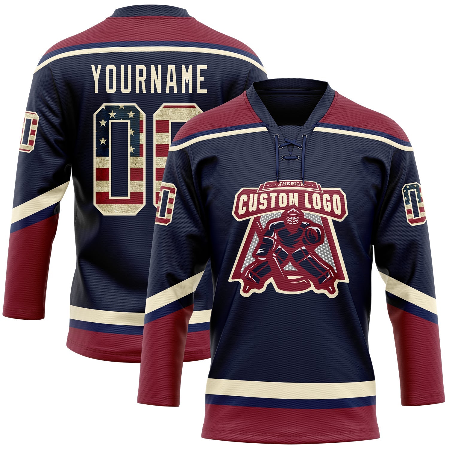 Custom Navy Vintage USA Flag Crimson-Cream Hockey Lace Neck Jersey view 2