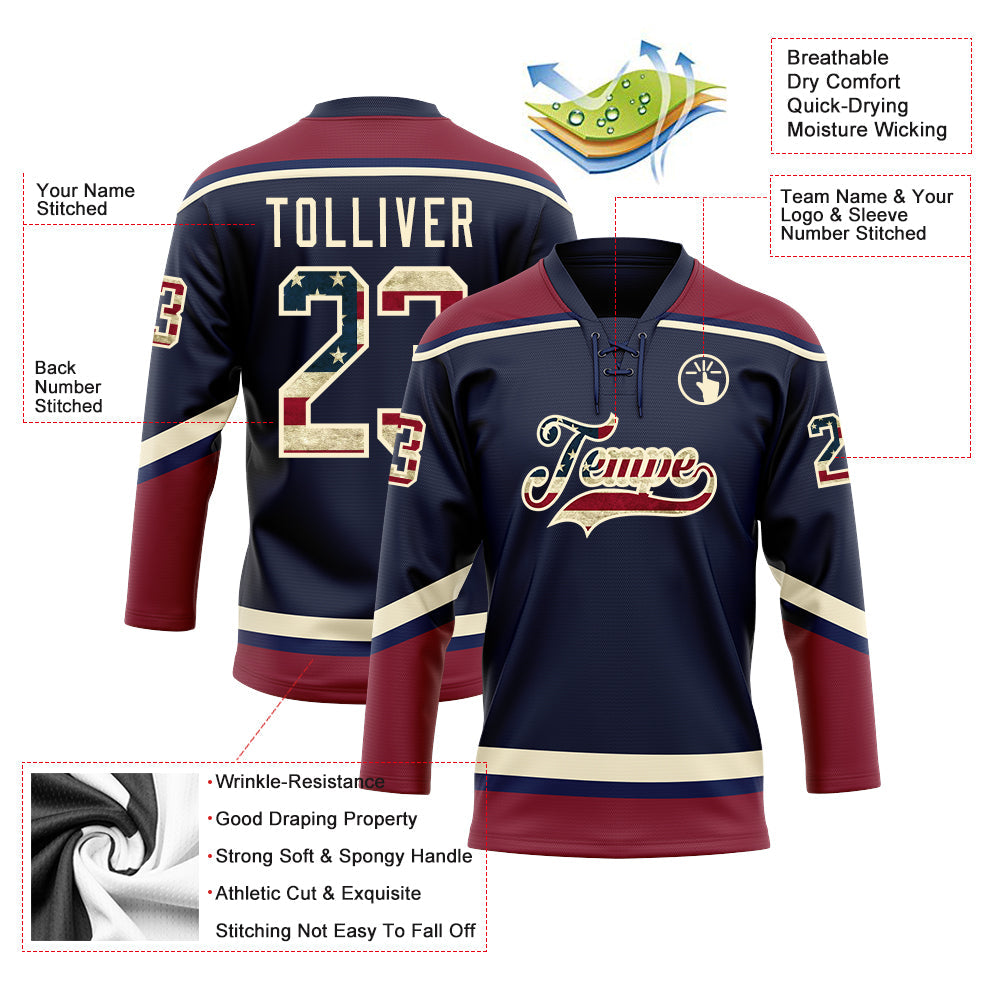 Custom Navy Vintage USA Flag Crimson-Cream Hockey Lace Neck Jersey view 3