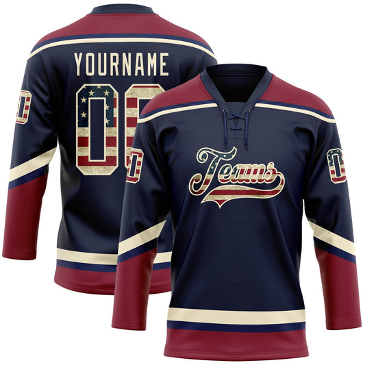 Custom Navy Vintage USA Flag Crimson-Cream Hockey Lace Neck Jersey - Main View