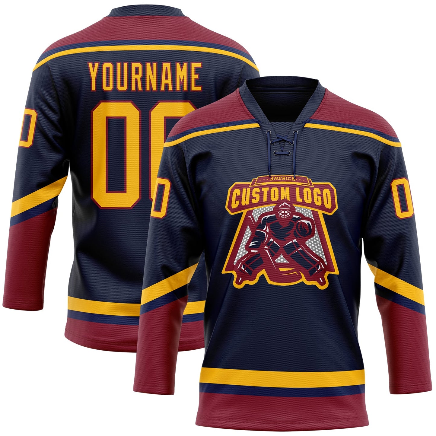 Custom Navy Gold-Crimson Hockey Lace Neck Jersey view 2