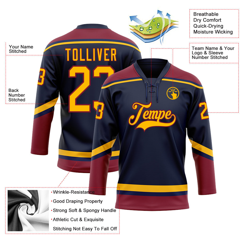 Custom Navy Gold-Crimson Hockey Lace Neck Jersey view 3