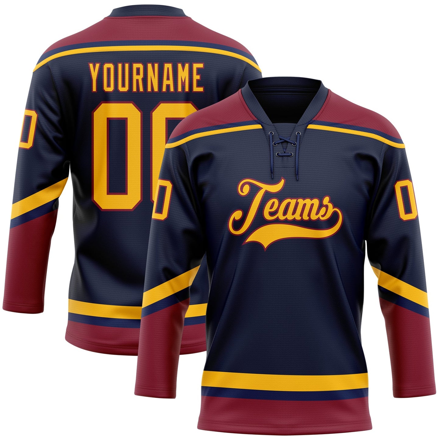 Custom Navy Gold-Crimson Hockey Lace Neck Jersey - Main View