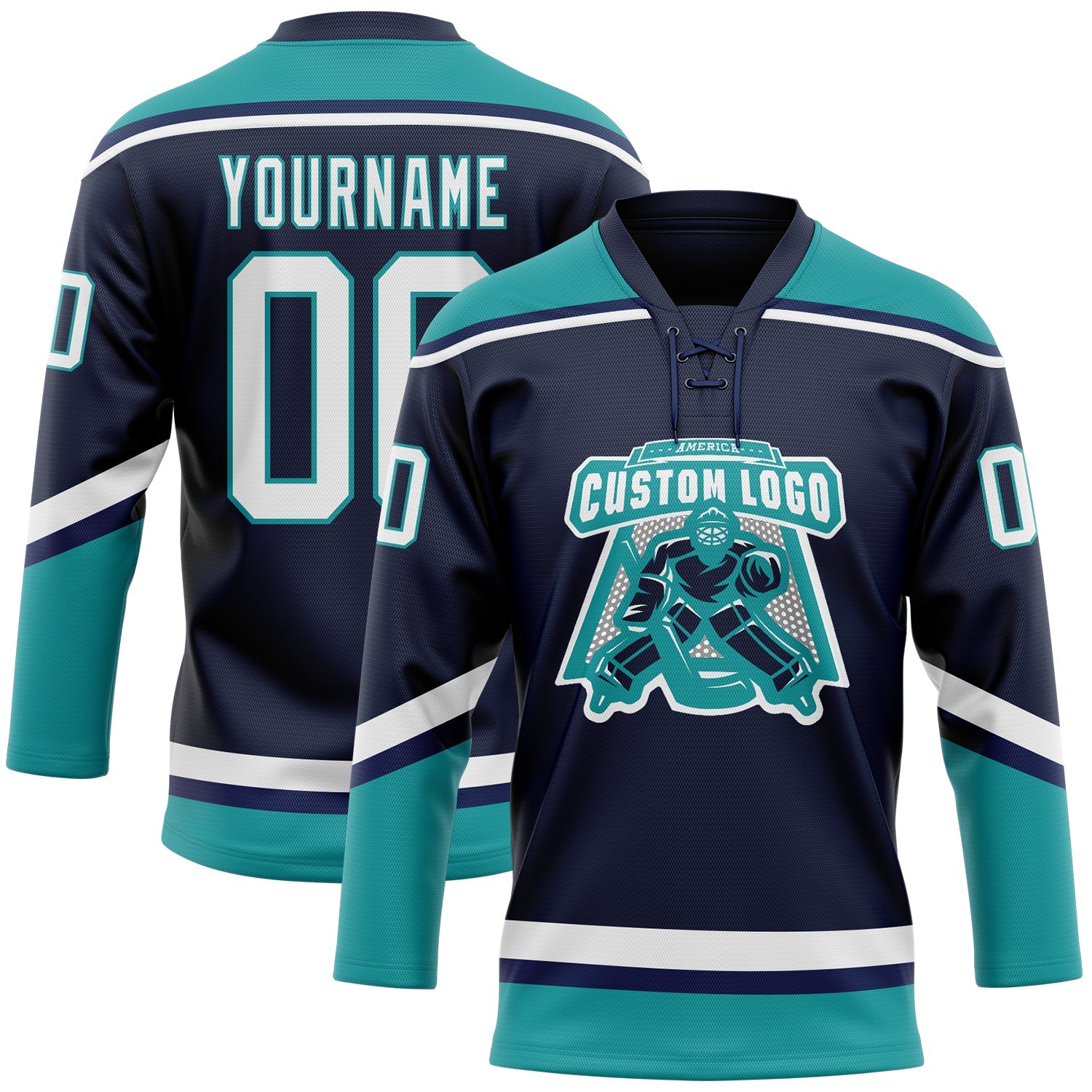 Custom Navy White-Teal Hockey Lace Neck Jersey view 2