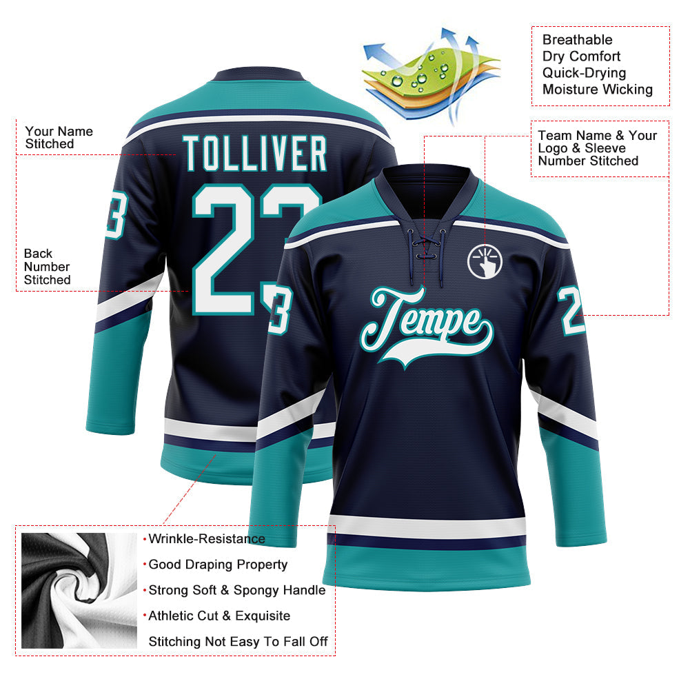 Custom Navy White-Teal Hockey Lace Neck Jersey view 3
