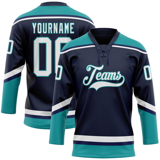 Custom Navy White-Teal Hockey Lace Neck Jersey - Main View