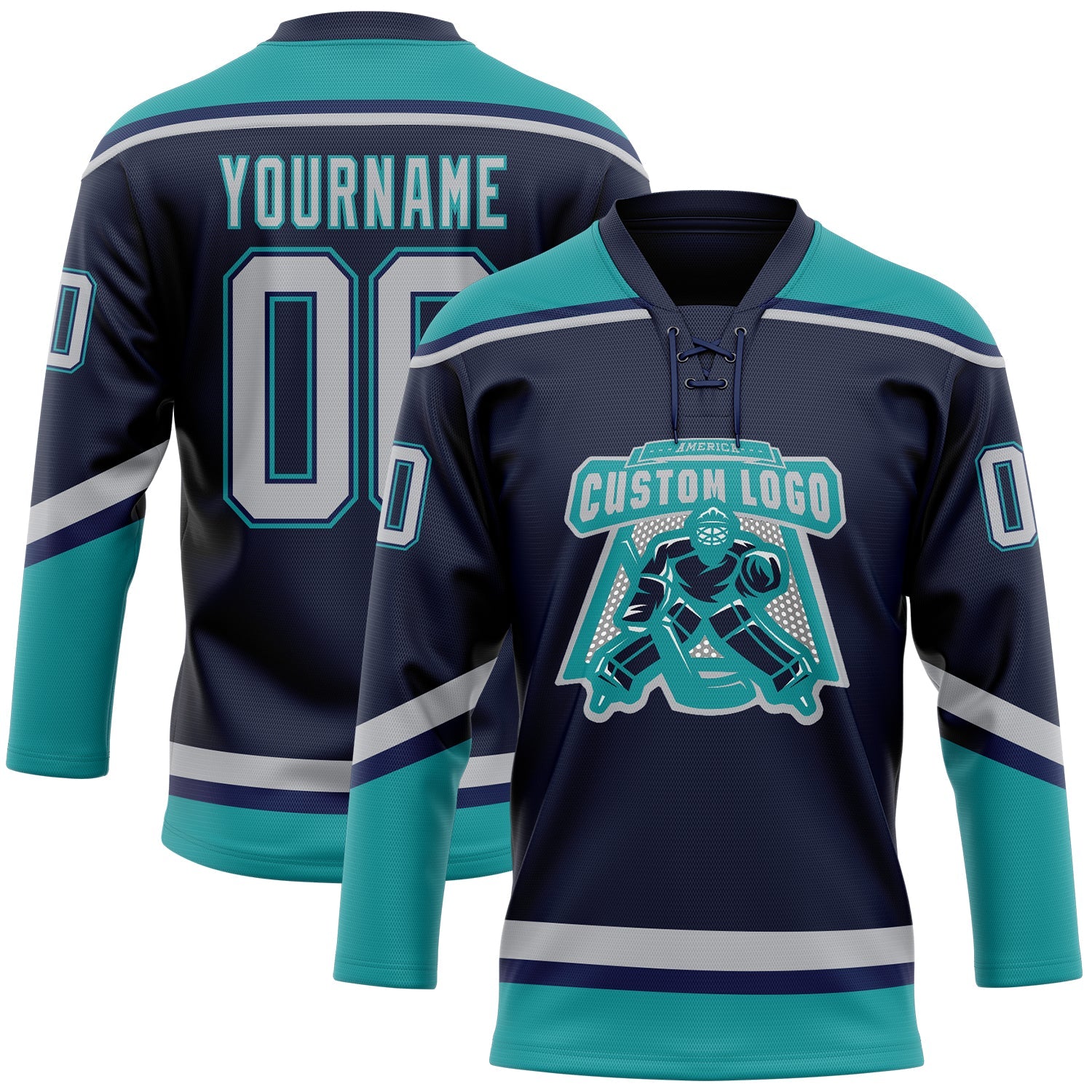 Custom Navy Gray-Teal Hockey Lace Neck Jersey view 2