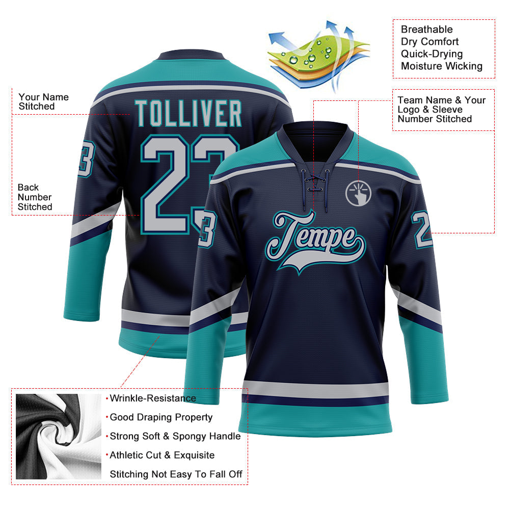 Custom Navy Gray-Teal Hockey Lace Neck Jersey view 3