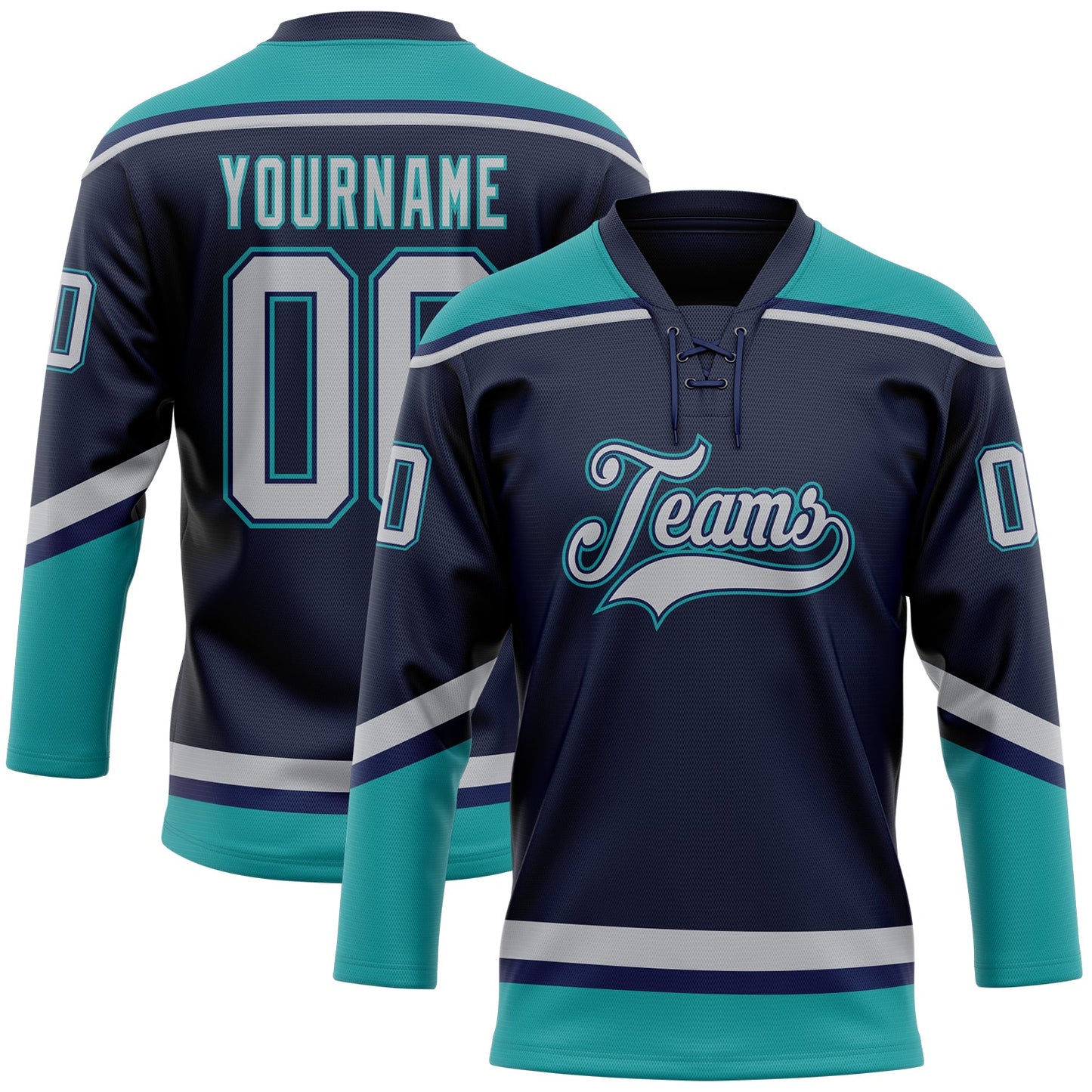 Custom Navy Gray-Teal Hockey Lace Neck Jersey - Main View