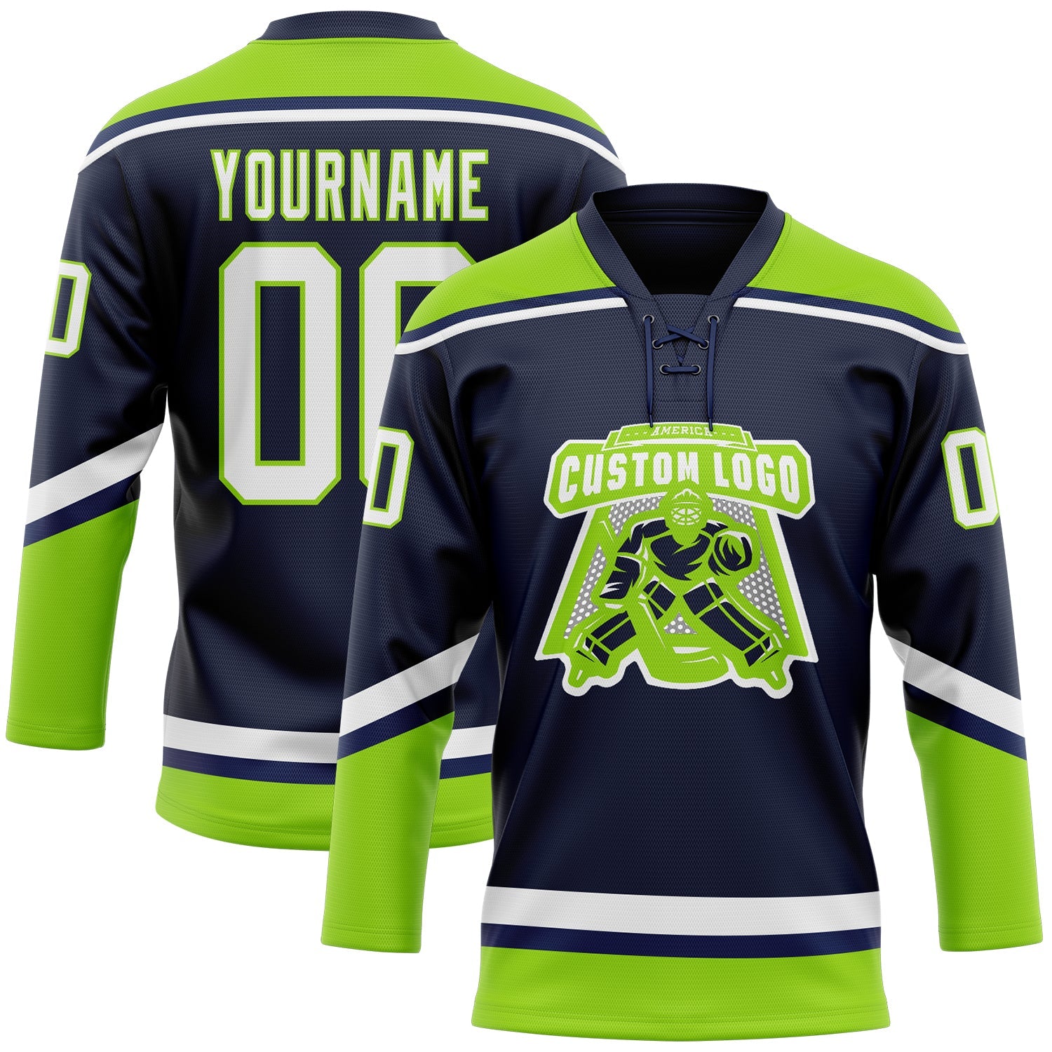 Custom Navy White-Neon Green Hockey Lace Neck Jersey view 2