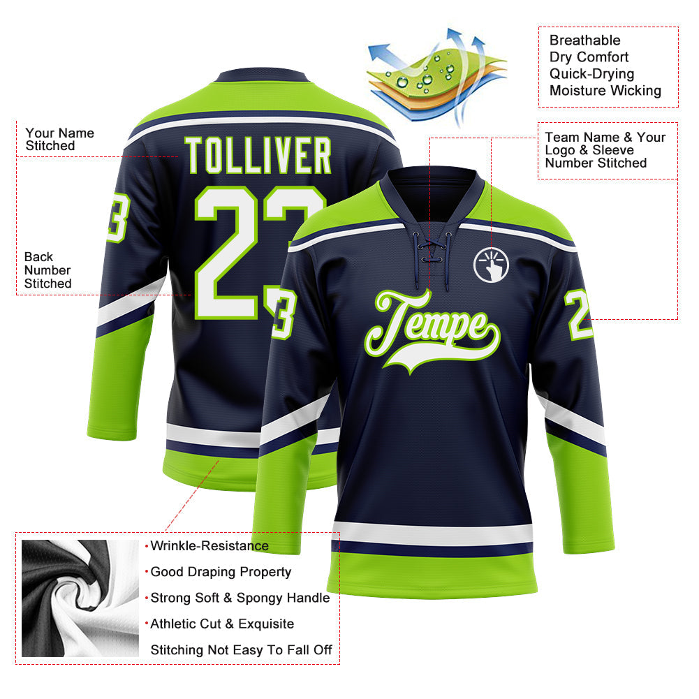 Custom Navy White-Neon Green Hockey Lace Neck Jersey view 3