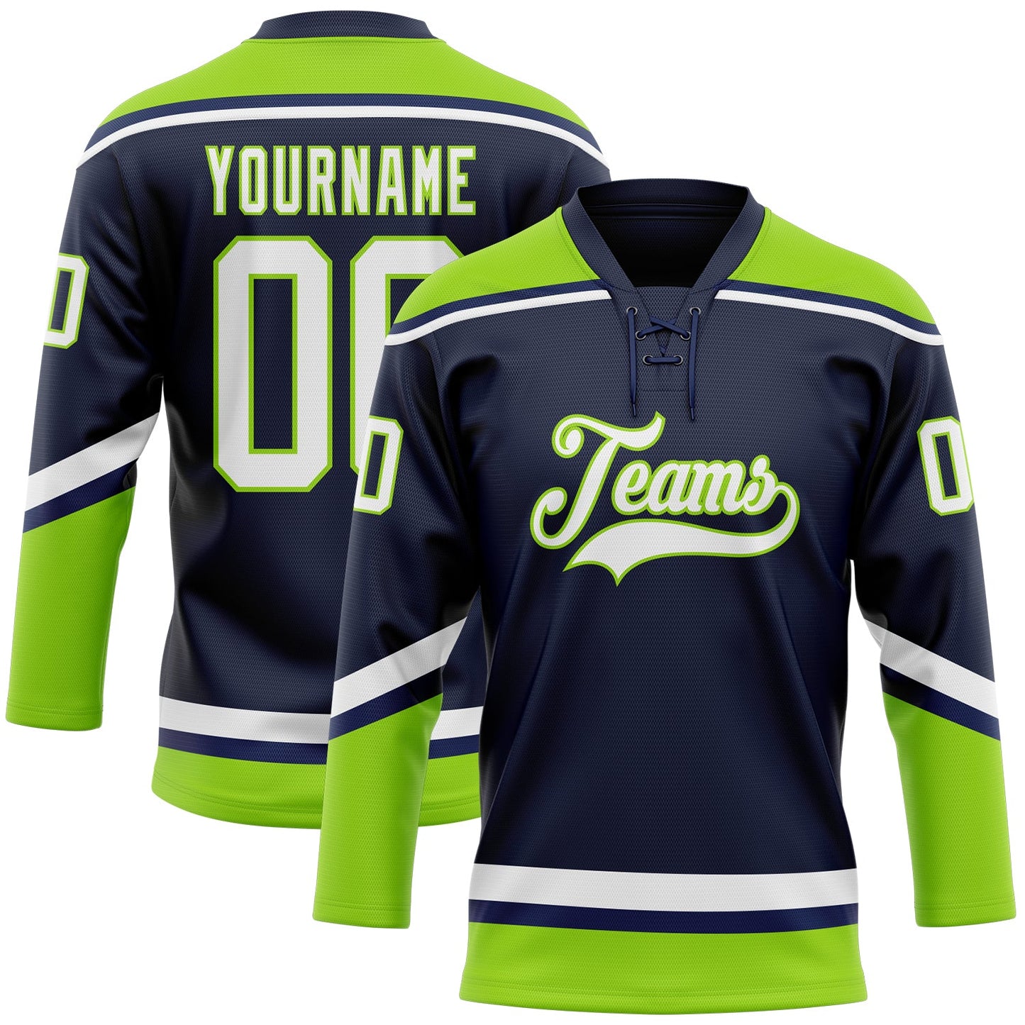 Custom Navy White-Neon Green Hockey Lace Neck Jersey - Main View