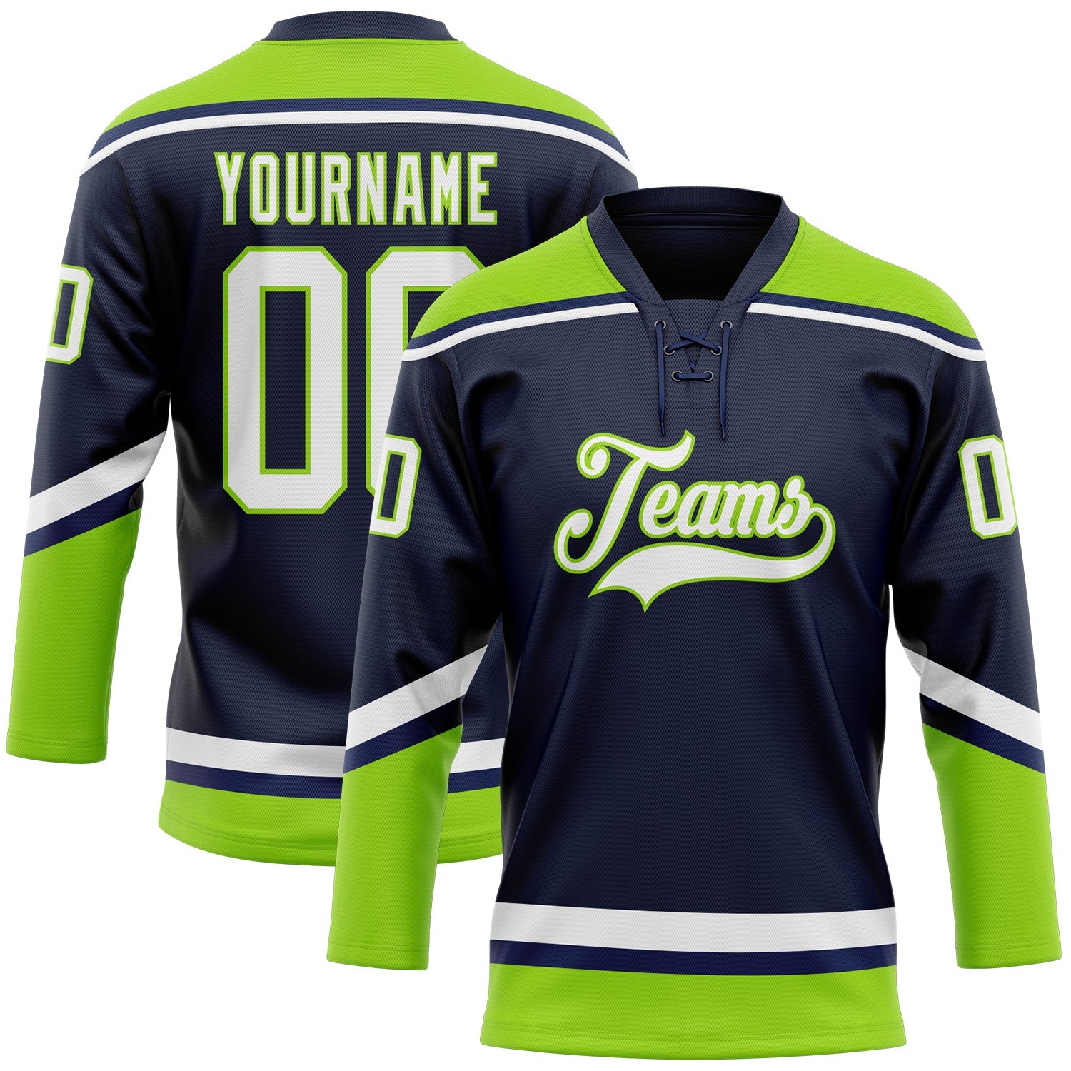 Custom Navy White-Neon Green Hockey Lace Neck Jersey - Main View
