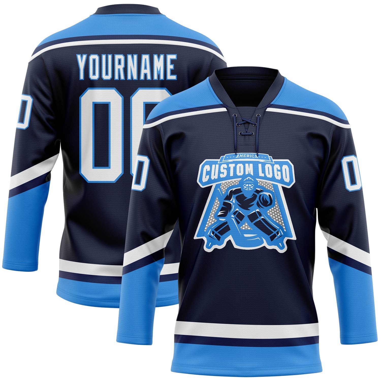Custom Navy White-Powder Blue Hockey Lace Neck Jersey view 2