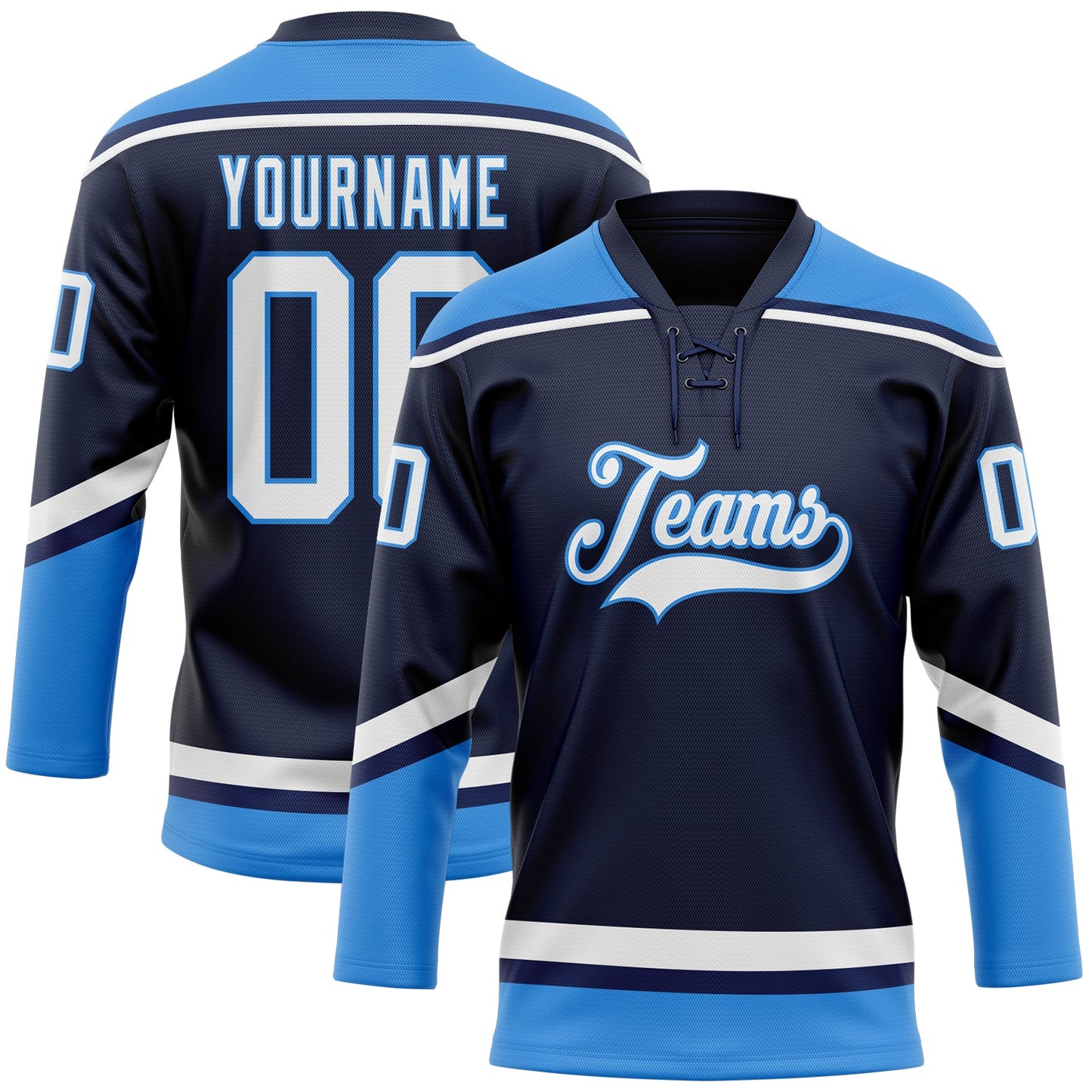 Custom Navy White-Powder Blue Hockey Lace Neck Jersey - Main View