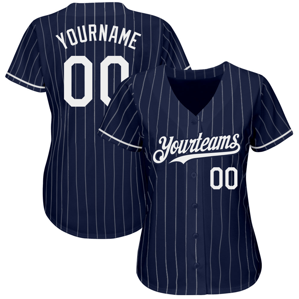 Custom Navy White Pinstripe Authentic Baseball Jersey view 2