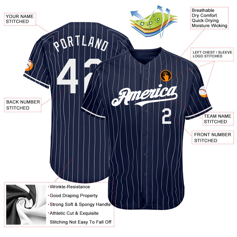 Custom Navy White Pinstripe Authentic Baseball Jersey view 3