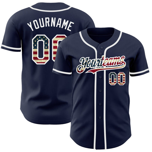 Custom Navy Vintage USA Flag-White Authentic Baseball Jersey - Main View
