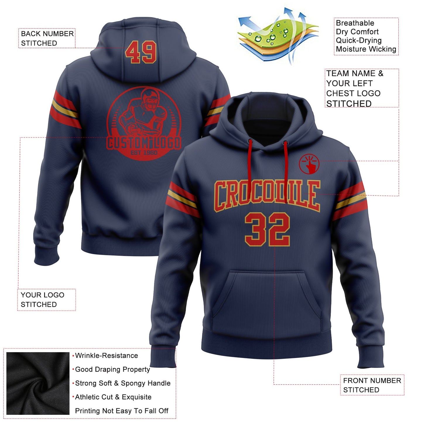 Custom Stitched Navy Red-Old Gold Football Pullover Sweatshirt Hoodie view 2