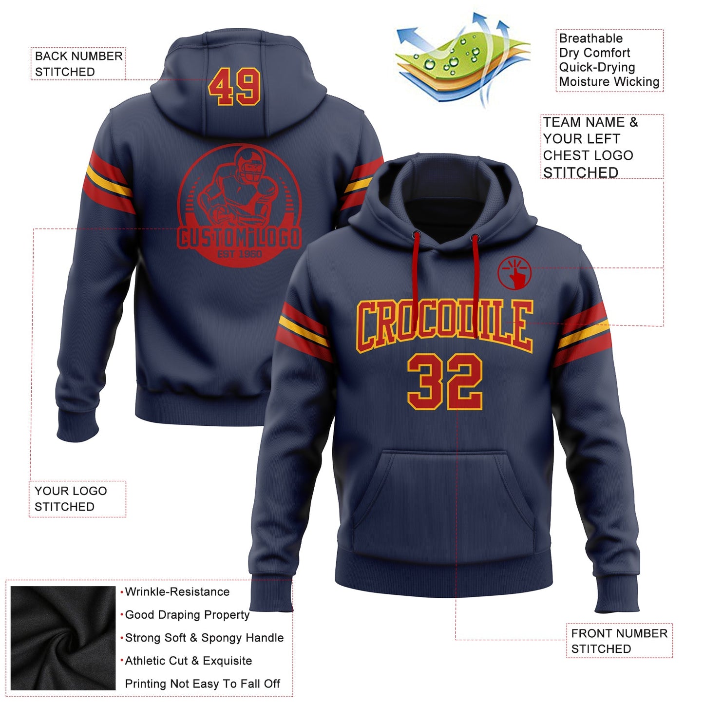 Custom Stitched Navy Red-Gold Football Pullover Sweatshirt Hoodie view 2