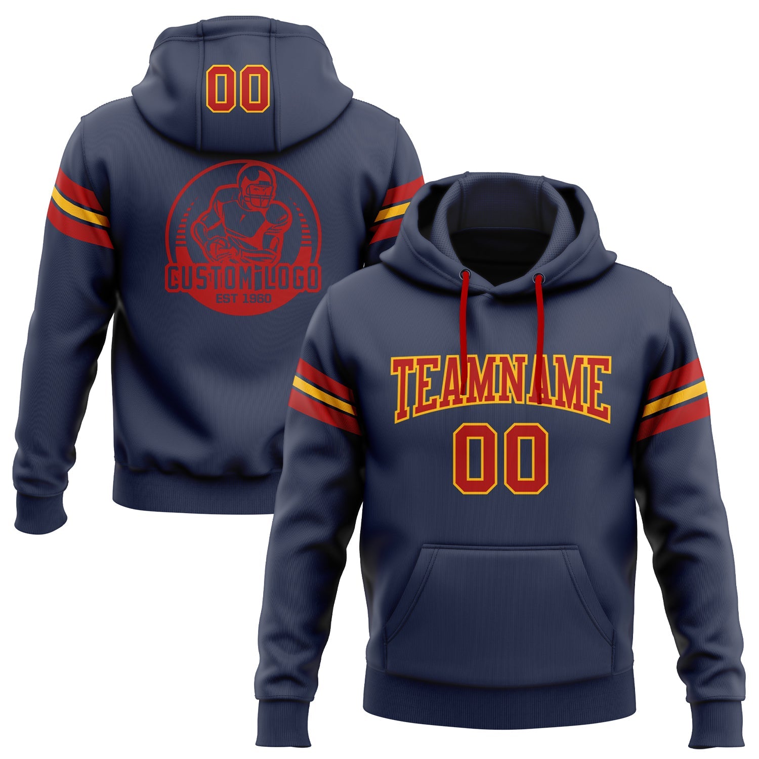Custom Stitched Navy Red-Gold Football Pullover Sweatshirt Hoodie - Main View