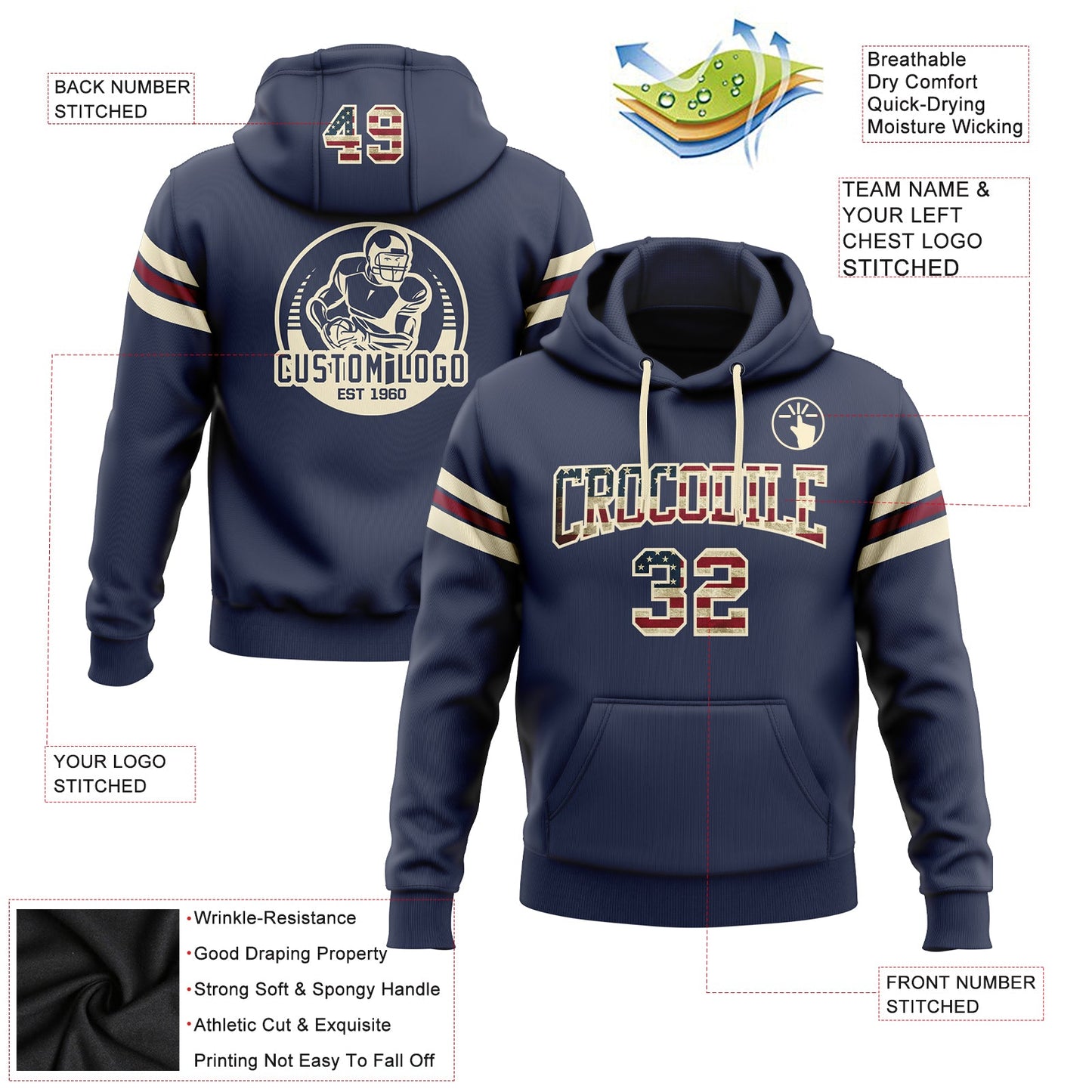 Custom Stitched Navy Vintage USA Flag Cream-Crimson Football Pullover Sweatshirt Hoodie view 2