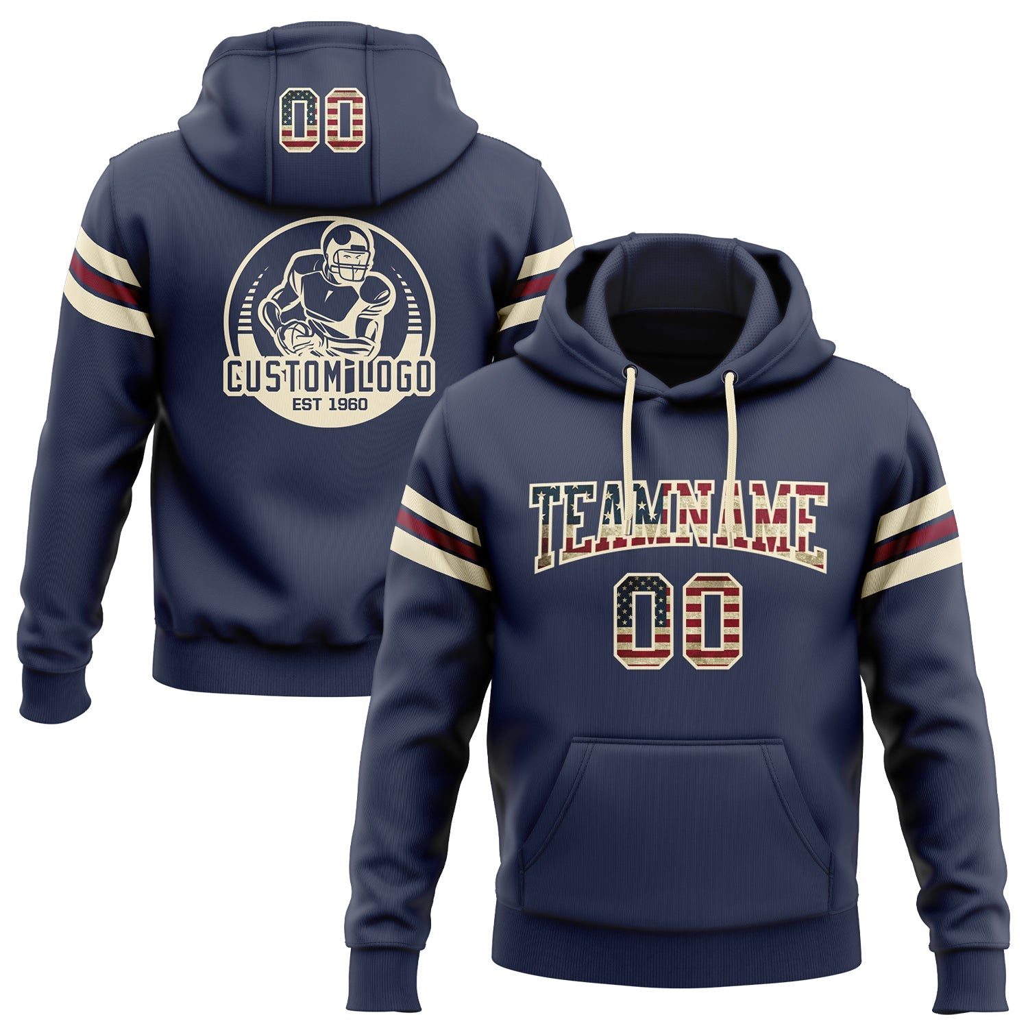Custom Stitched Navy Vintage USA Flag Cream-Crimson Football Pullover Sweatshirt Hoodie - Main View