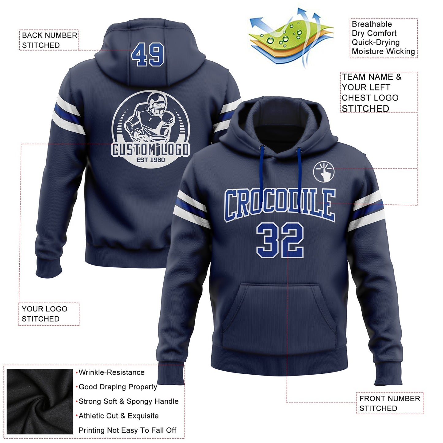 Custom Stitched Navy Royal-White Football Pullover Sweatshirt Hoodie view 2
