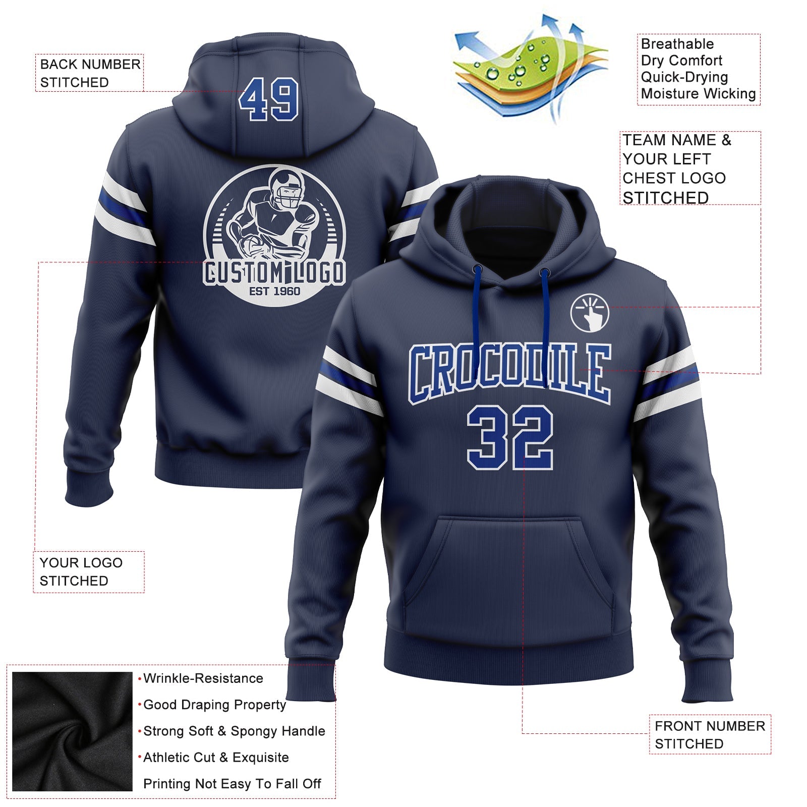 Custom Stitched Navy Royal-White Football Pullover Sweatshirt Hoodie view 2