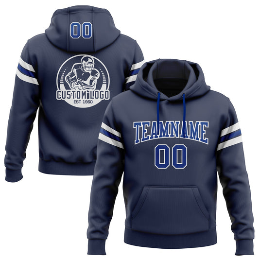 Custom Stitched Navy Royal-White Football Pullover Sweatshirt Hoodie - Main View