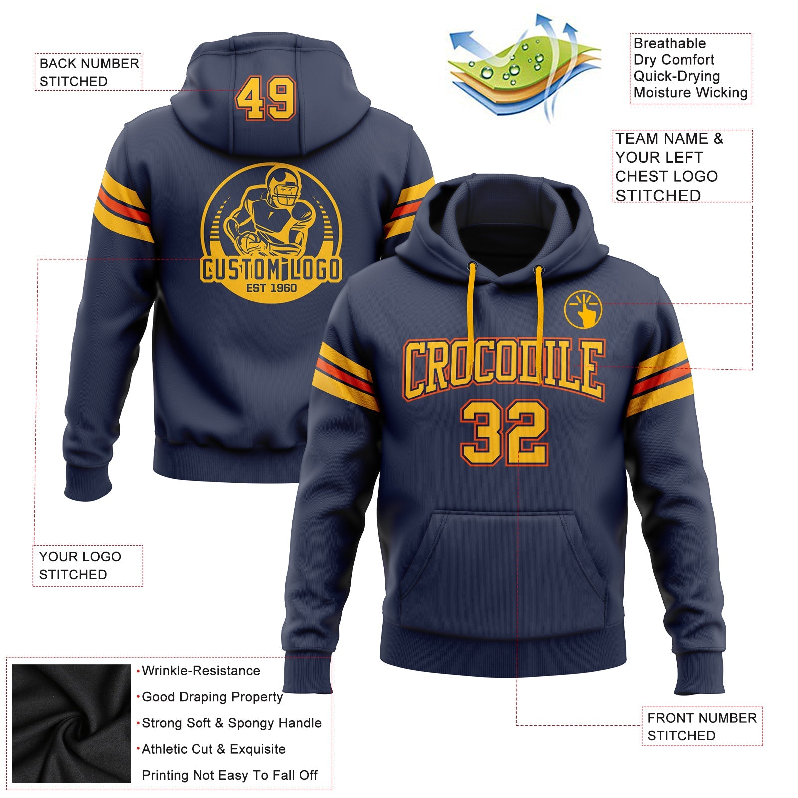 Custom Stitched Navy Gold-Orange Football Pullover Sweatshirt Hoodie view 2