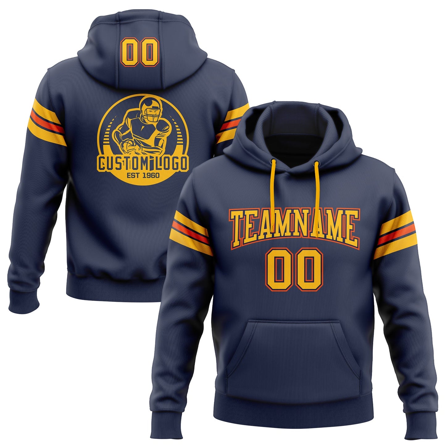 Custom Stitched Navy Gold-Orange Football Pullover Sweatshirt Hoodie - Main View