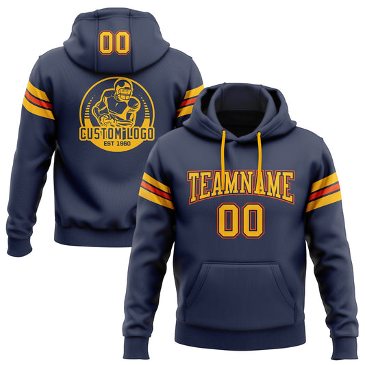 Custom Stitched Navy Gold-Orange Football Pullover Sweatshirt Hoodie - Main View