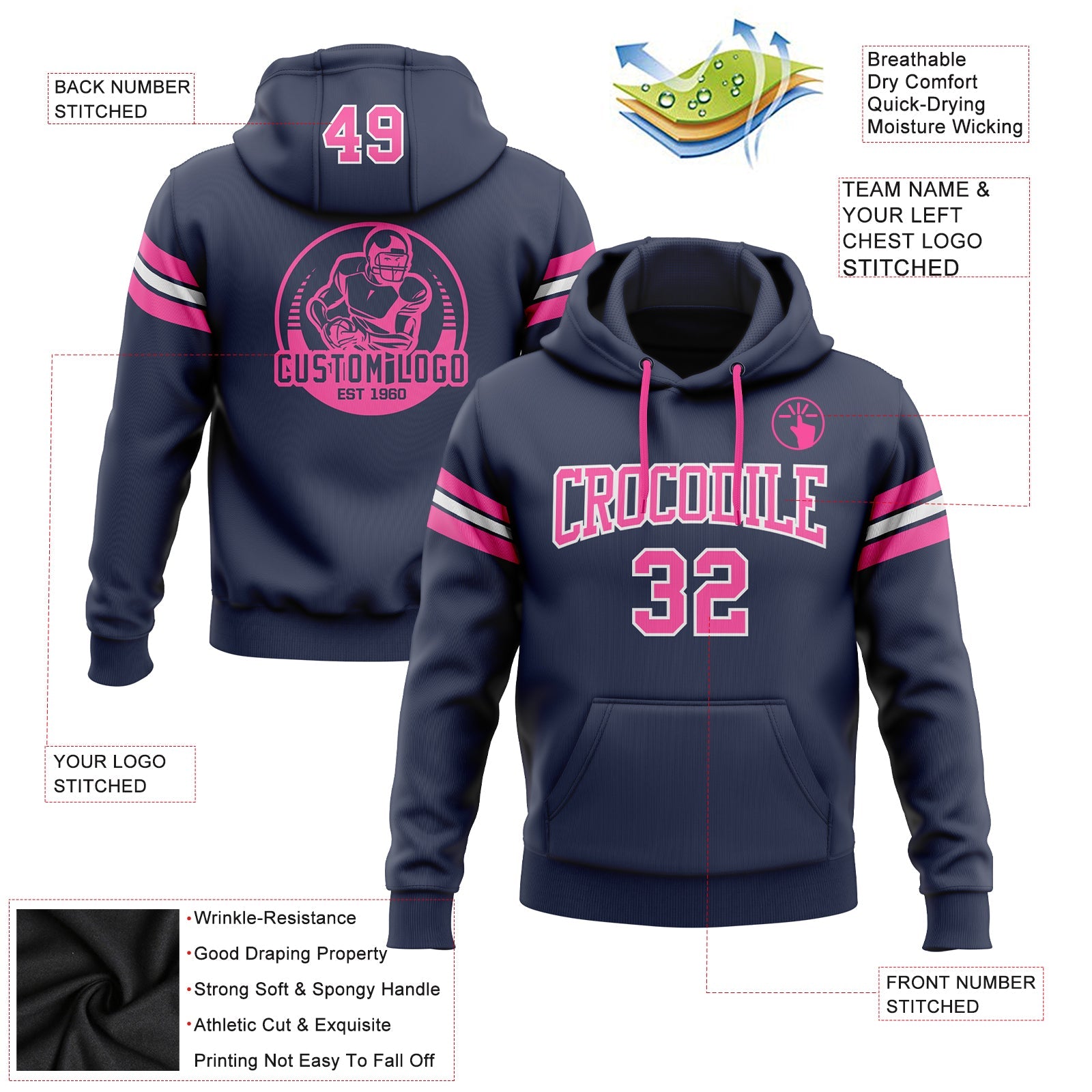 Custom Stitched Navy Pink-White Football Pullover Sweatshirt Hoodie view 2