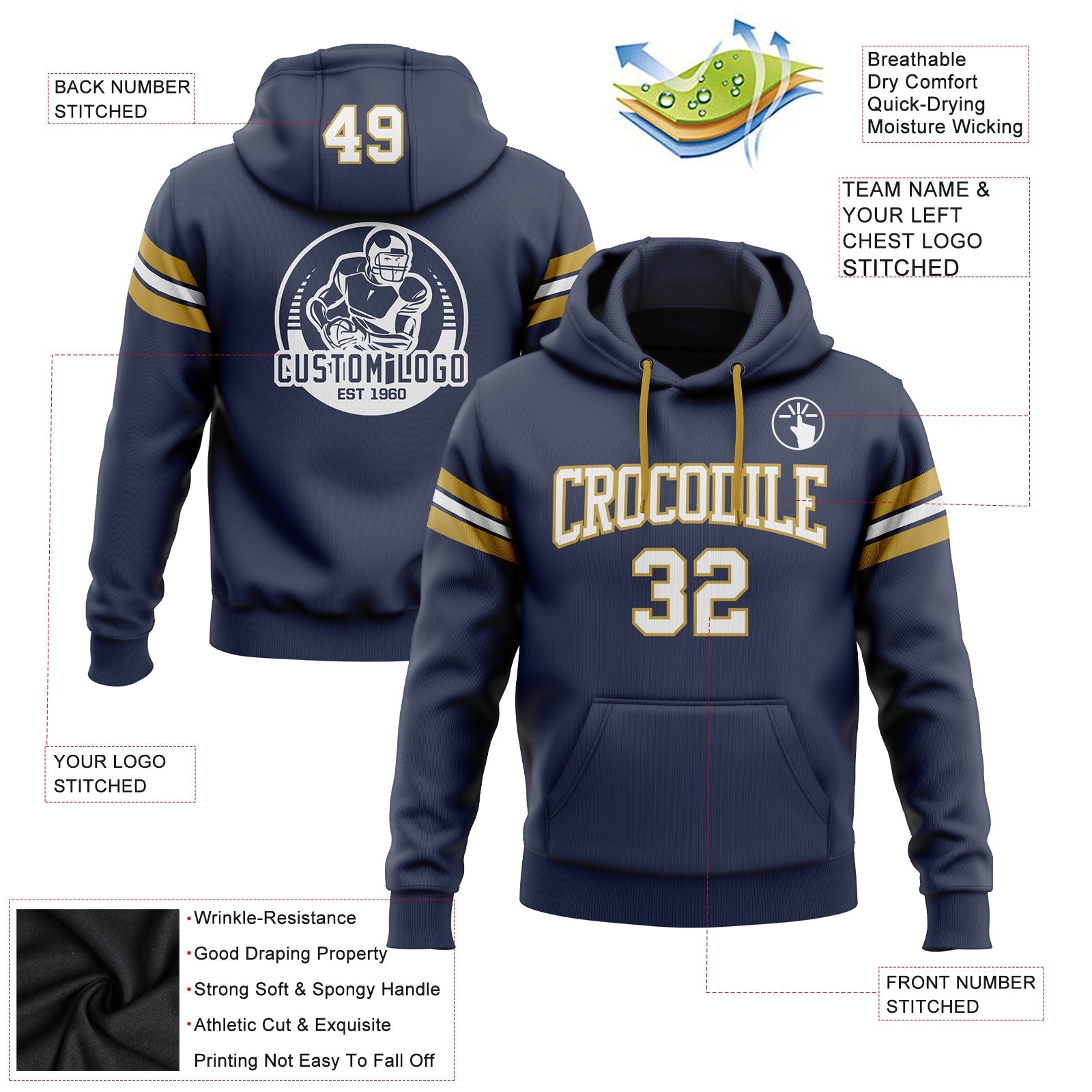 Custom Stitched Navy White-Old Gold Football Pullover Sweatshirt Hoodie view 2