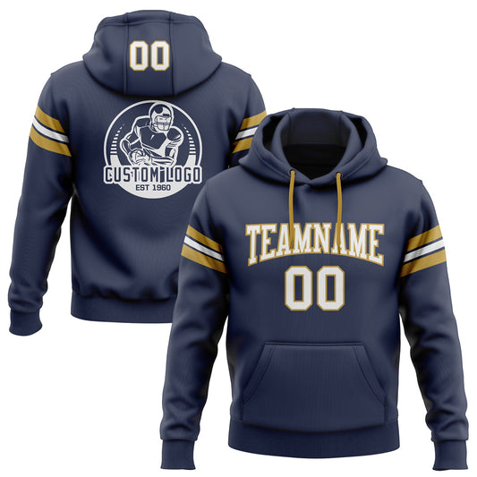 Custom Stitched Navy White-Old Gold Football Pullover Sweatshirt Hoodie - Main View