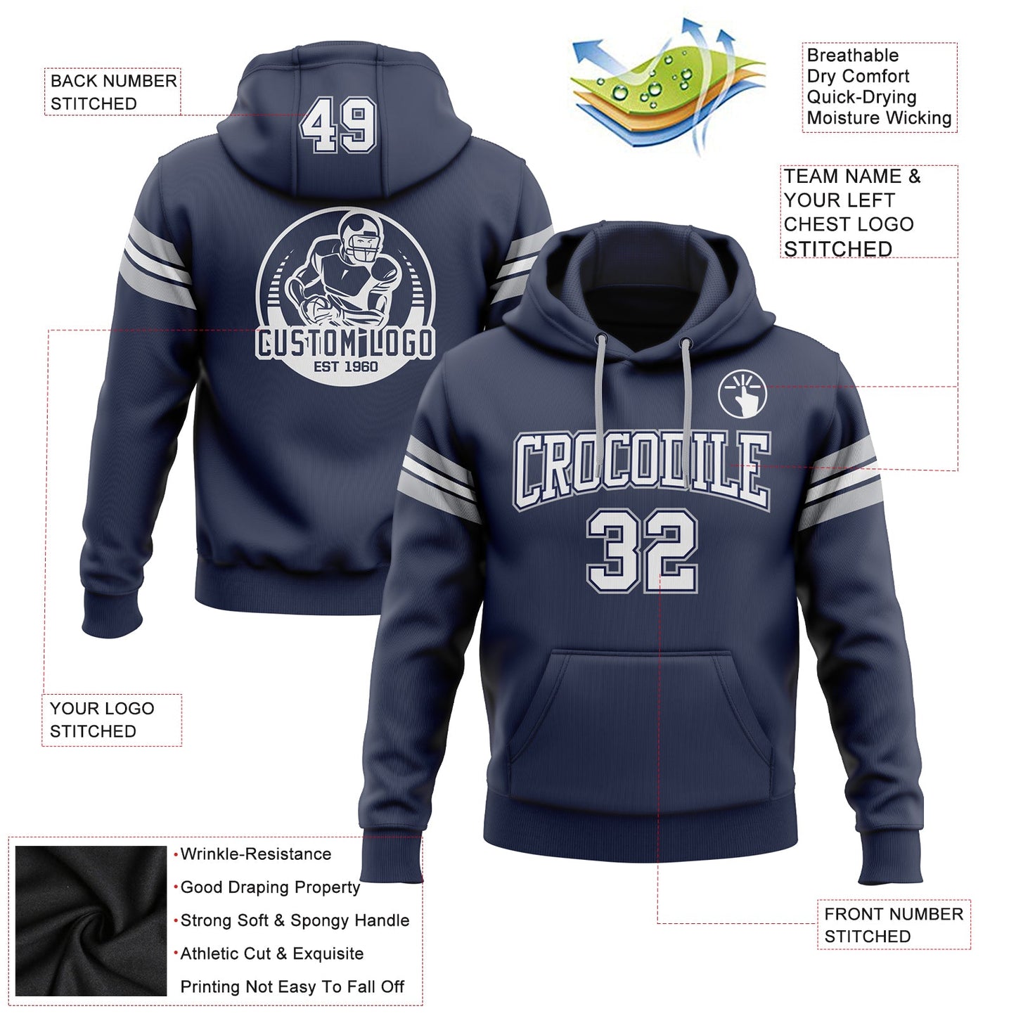 Custom Stitched Navy White-Gray Football Pullover Sweatshirt Hoodie view 2