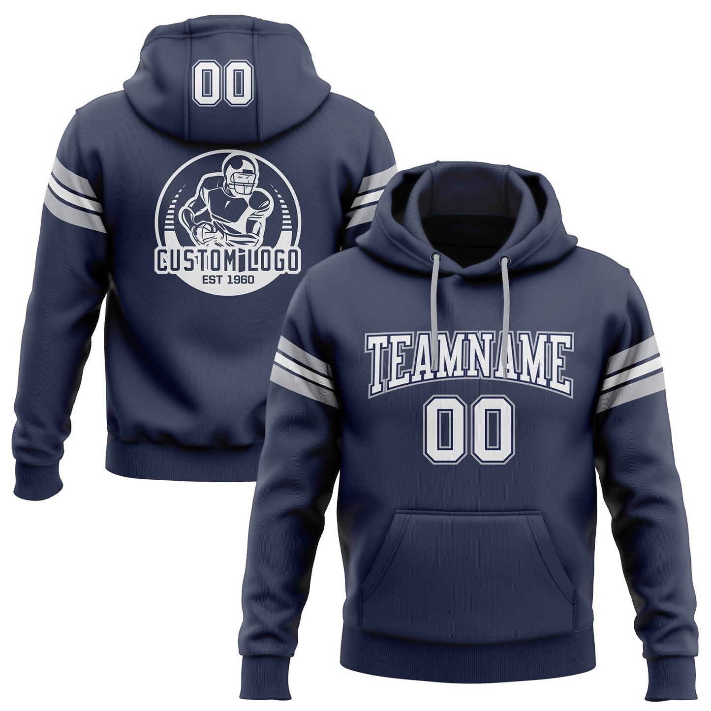 Custom Stitched Navy White-Gray Football Pullover Sweatshirt Hoodie - Main View