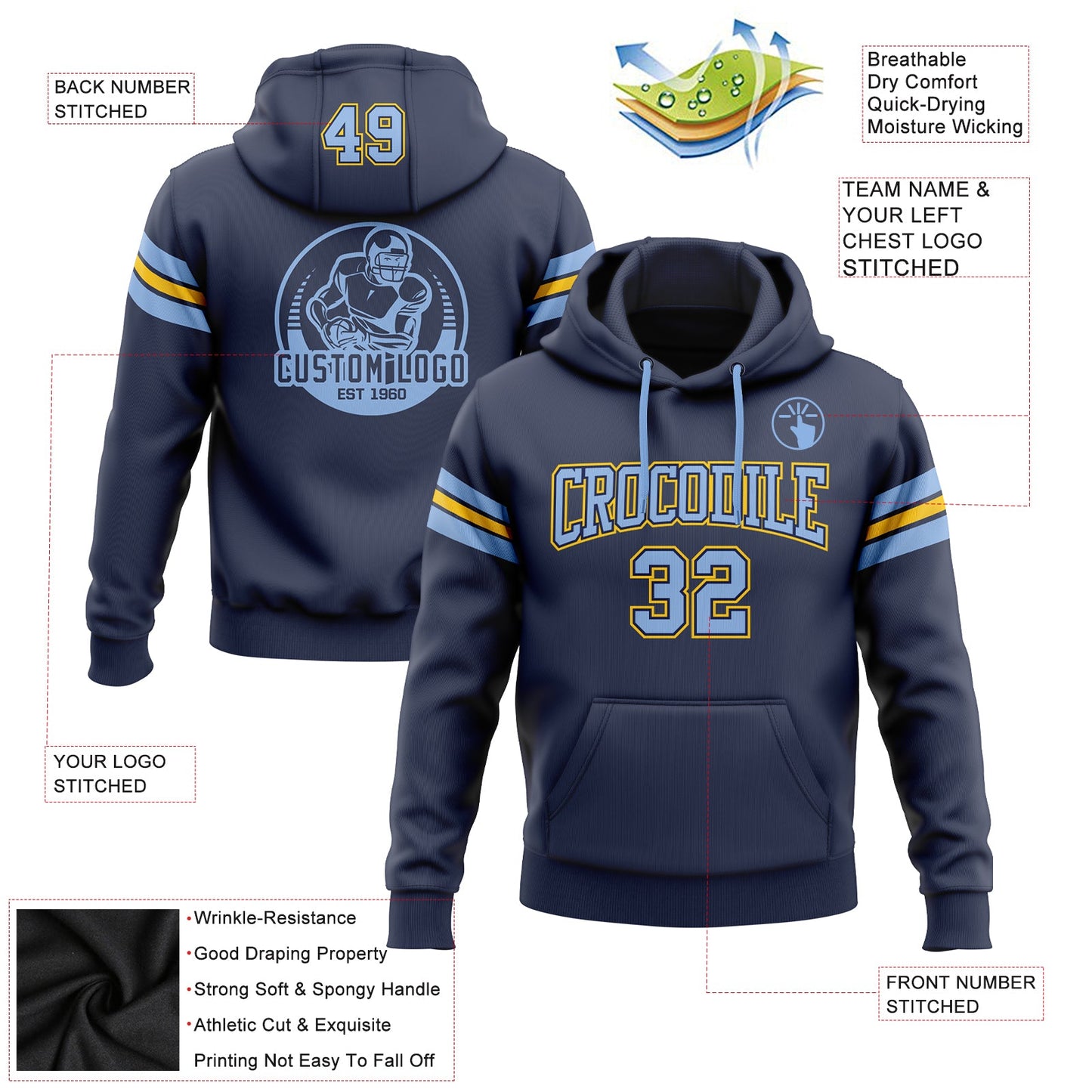 Custom Stitched Navy Light Blue-Yellow Football Pullover Sweatshirt Hoodie view 2